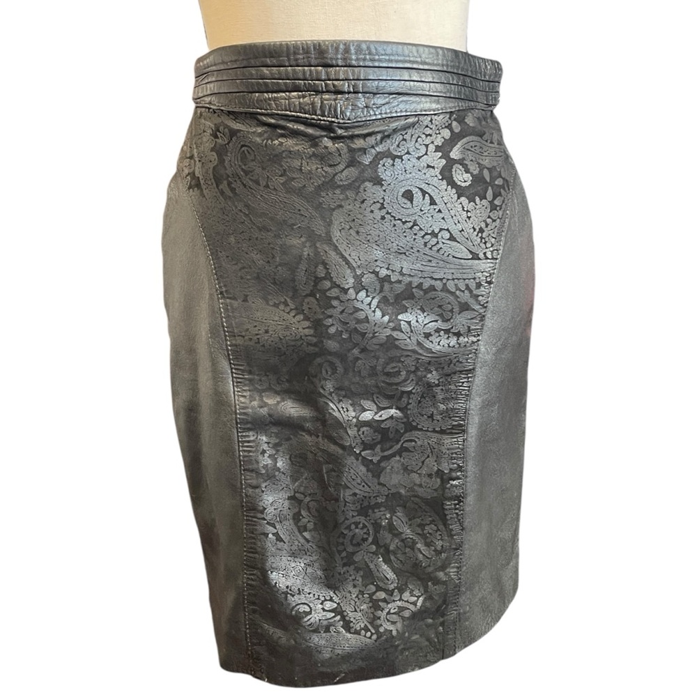 Vintage‎ Black Leather High Rise Embossed Fitted Pencil Skirt Women's 12